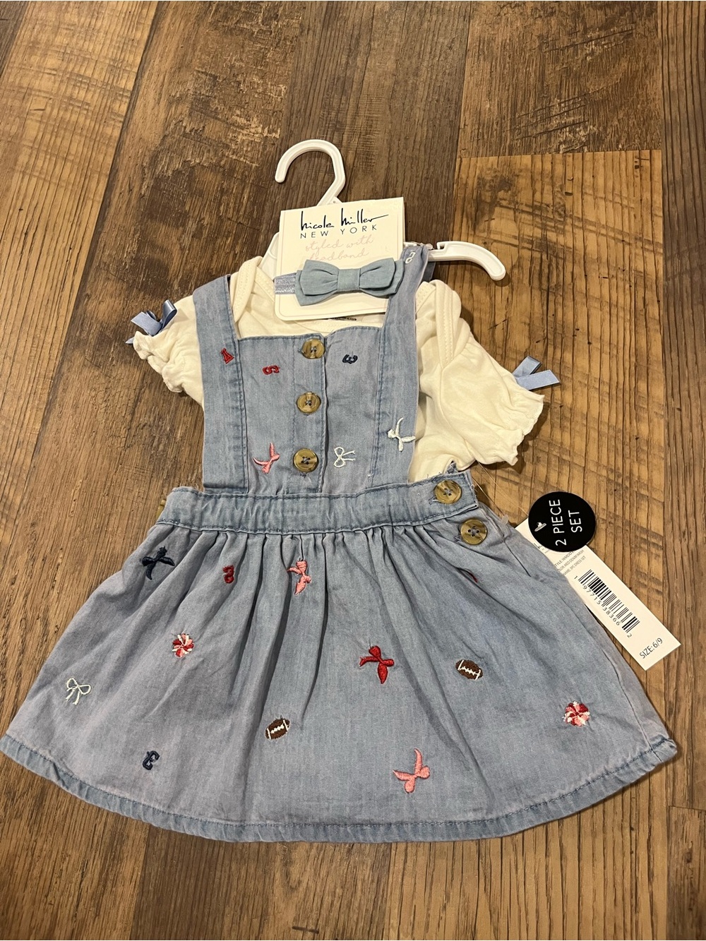 Nicole Miller Light Blue Embroidered Denim Pinafore Set with Cream Top